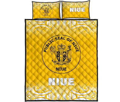 Niue Quilt Bed Set - Niue Coat Of Arms Polynesian Tattoo Fog Yellow Style