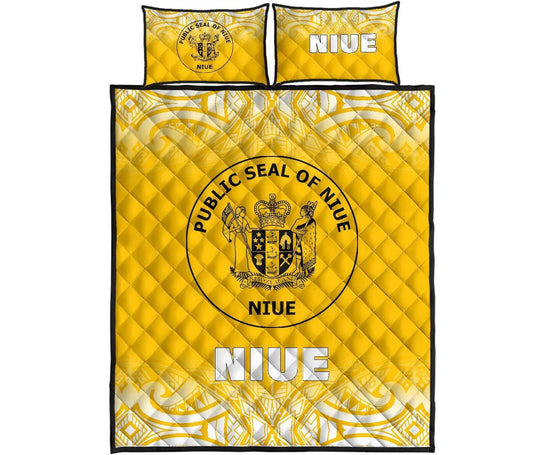 Niue Quilt Bed Set - Niue Coat Of Arms Polynesian Tattoo Fog Yellow Style