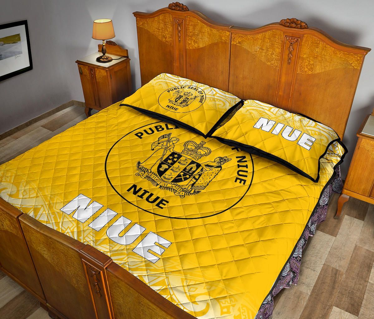 Niue Quilt Bed Set - Niue Coat Of Arms Polynesian Tattoo Fog Yellow Style