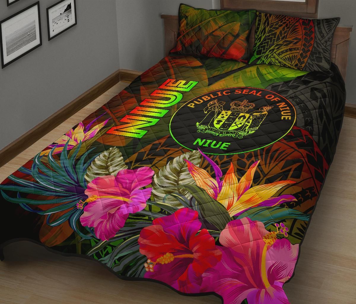 Niue Polynesian Quilt Bed Set - Hibiscus and Banana Leaves