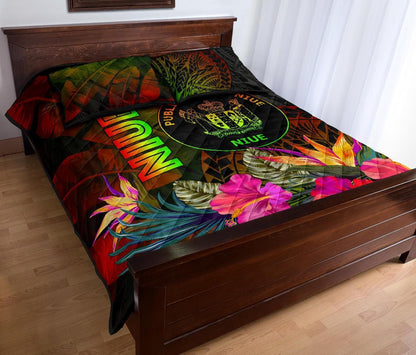 Niue Polynesian Quilt Bed Set - Hibiscus and Banana Leaves