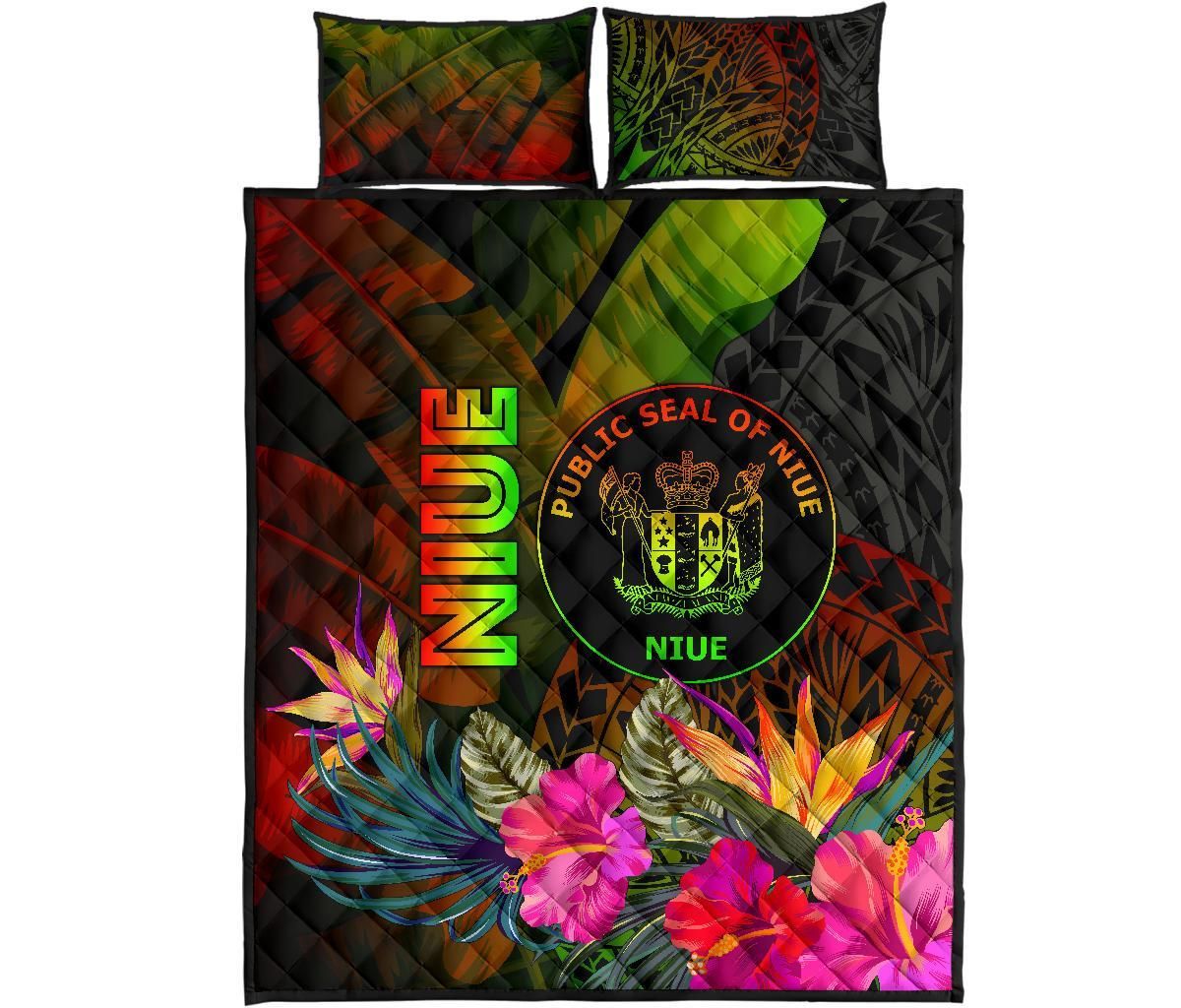 Niue Polynesian Quilt Bed Set - Hibiscus and Banana Leaves