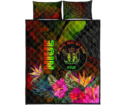 Niue Polynesian Quilt Bed Set - Hibiscus and Banana Leaves