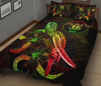 Niue Polynesian Quilt Bed Set - Turtle With Blooming Hibiscus Reggae