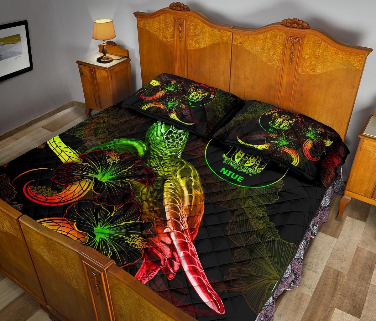 Niue Polynesian Quilt Bed Set - Turtle With Blooming Hibiscus Reggae