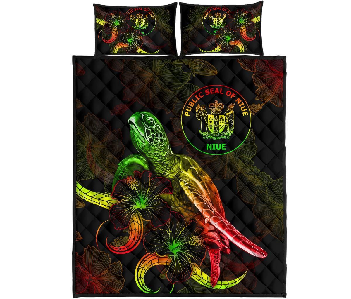Niue Polynesian Quilt Bed Set - Turtle With Blooming Hibiscus Reggae
