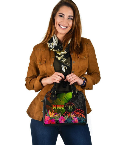 Niue Polynesian Shoulder Handbag - Hibiscus And Banana Leaves