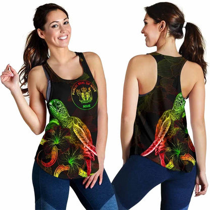 Niue Polynesian Women Tank Top - Turtle With Blooming Hibiscus Reggae