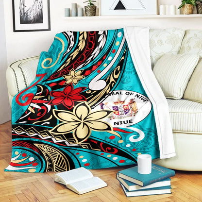 Niue Premium Blanket - Tribal Flower With Special Turtles Blue Color