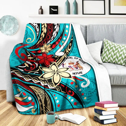 Niue Premium Blanket - Tribal Flower With Special Turtles Blue Color