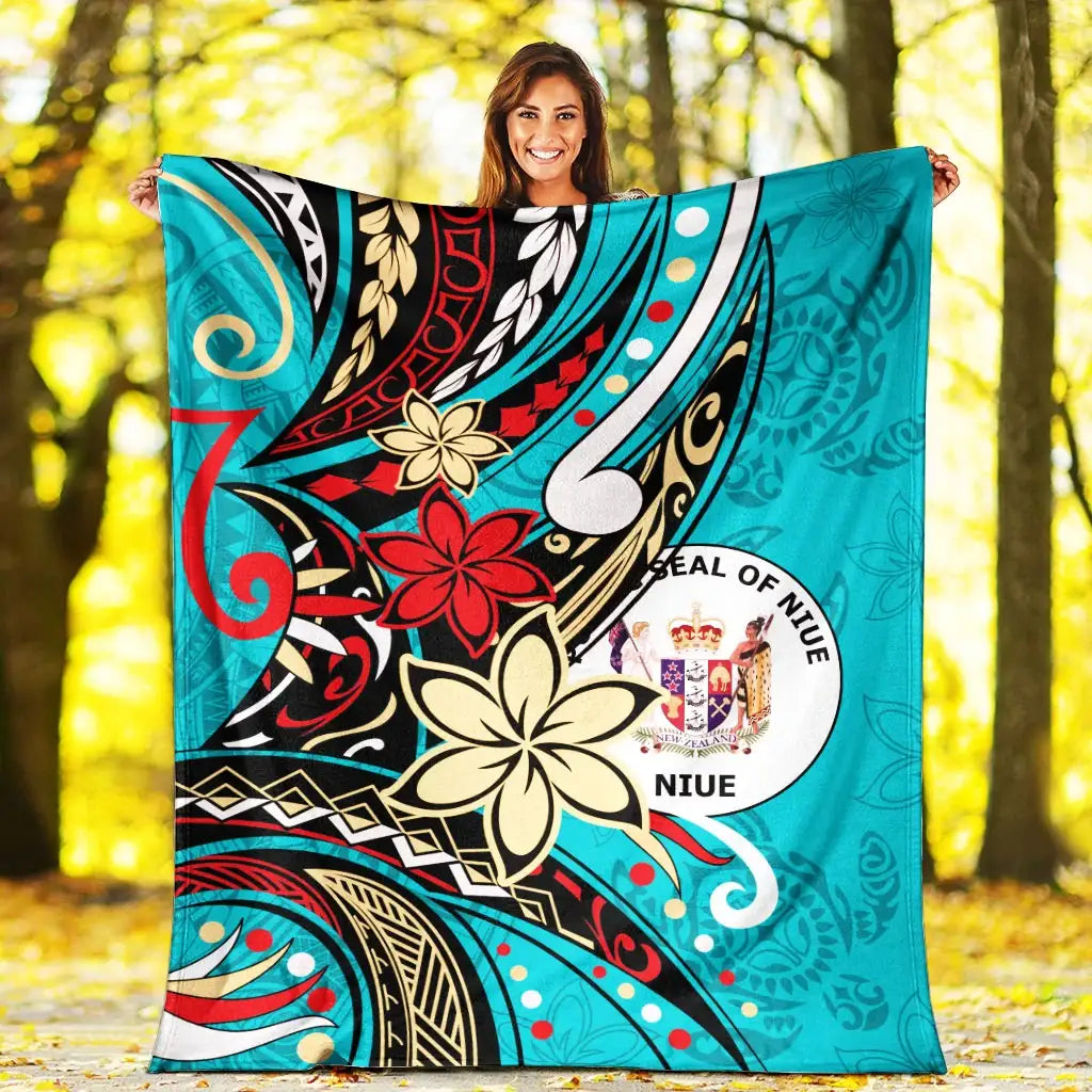 Niue Premium Blanket - Tribal Flower With Special Turtles Blue Color