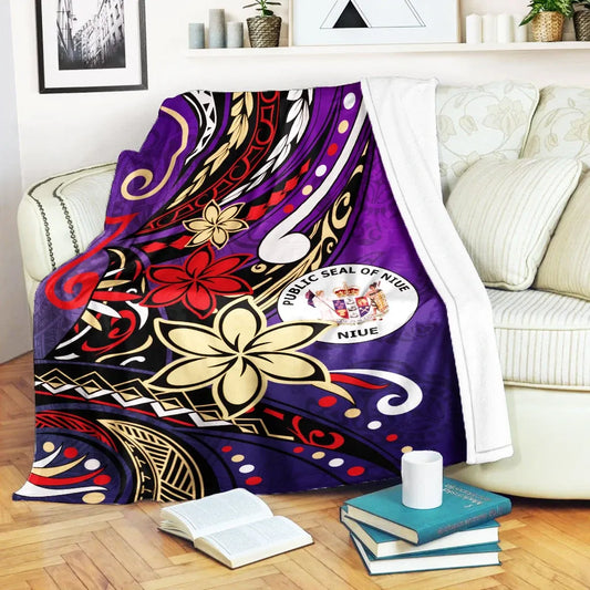 Niue Premium Blanket - Tribal Flower With Special Turtles Purple Color