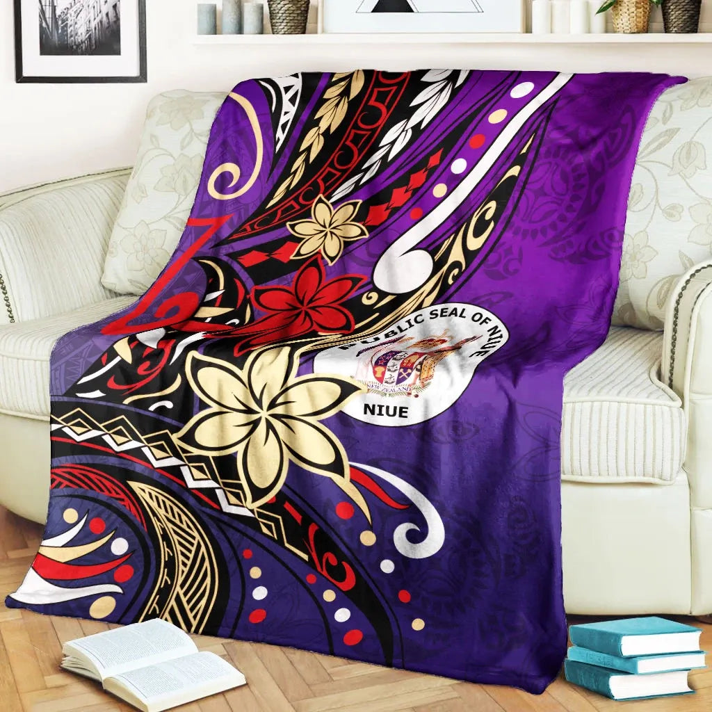 Niue Premium Blanket - Tribal Flower With Special Turtles Purple Color