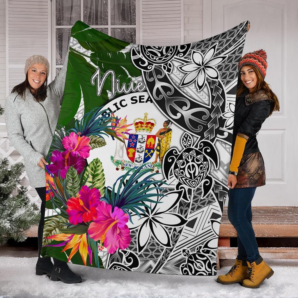 Niue Premium Blanket White - Turtle Plumeria Banana Leaf