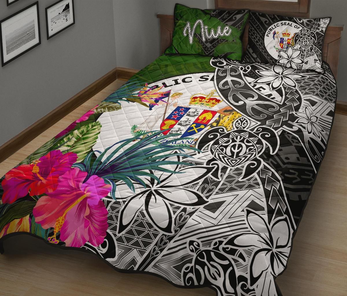 Niue Quilt Bed Set - Turtle Plumeria Banana Leaf