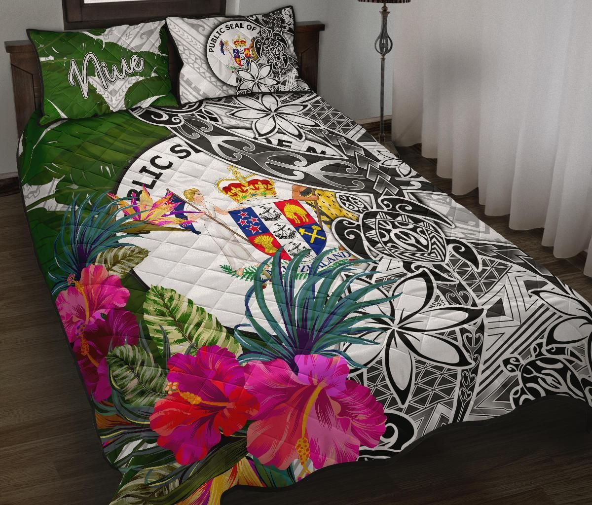 Niue Quilt Bed Set White - Turtle Plumeria Banana Leaf