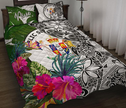 Niue Quilt Bed Set White - Turtle Plumeria Banana Leaf