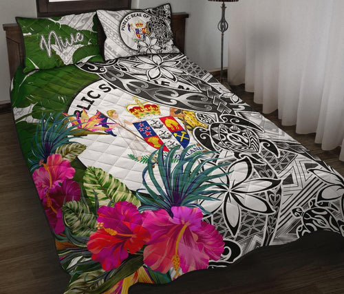 Niue Quilt Bed Set White - Turtle Plumeria Banana Leaf
