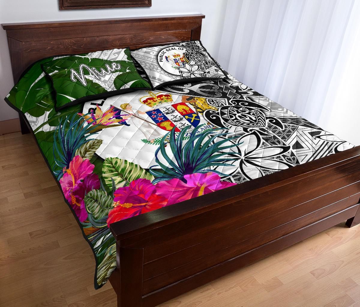 Niue Quilt Bed Set White - Turtle Plumeria Banana Leaf