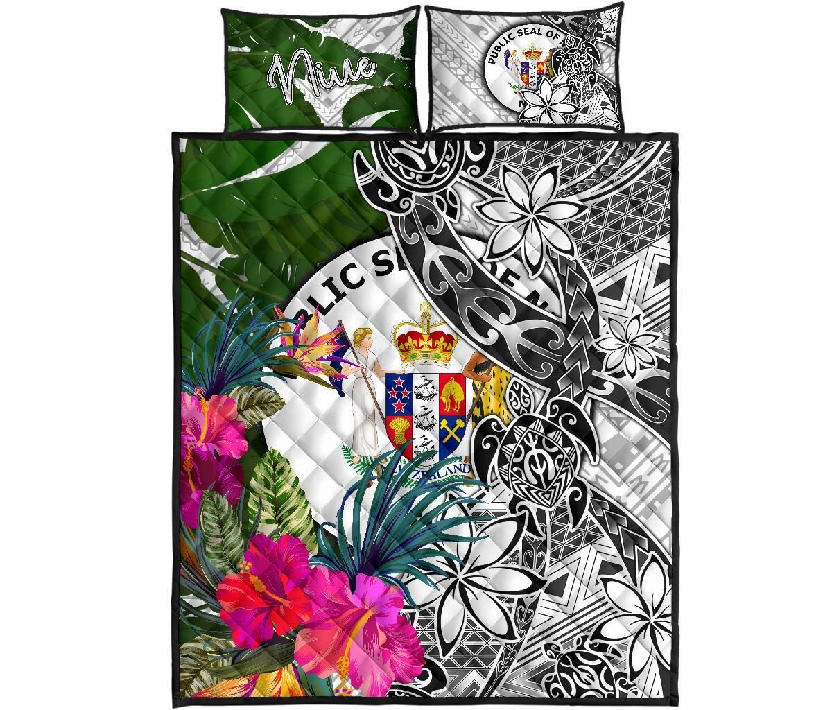 Niue Quilt Bed Set White - Turtle Plumeria Banana Leaf