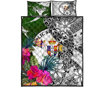 Niue Quilt Bed Set White - Turtle Plumeria Banana Leaf