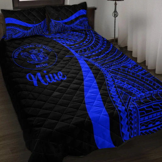Niue Quilt Bed Set - Blue Polynesian Tentacle Tribal Pattern