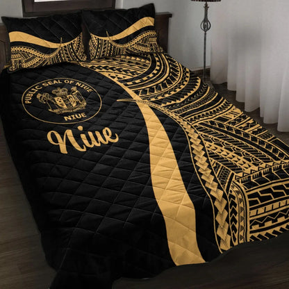 Niue Quilt Bed Set - Gold Polynesian Tentacle Tribal Pattern