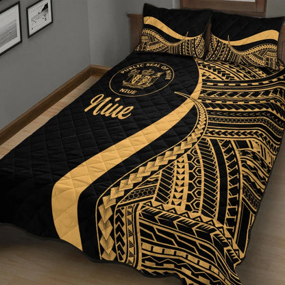 Niue Quilt Bed Set - Gold Polynesian Tentacle Tribal Pattern