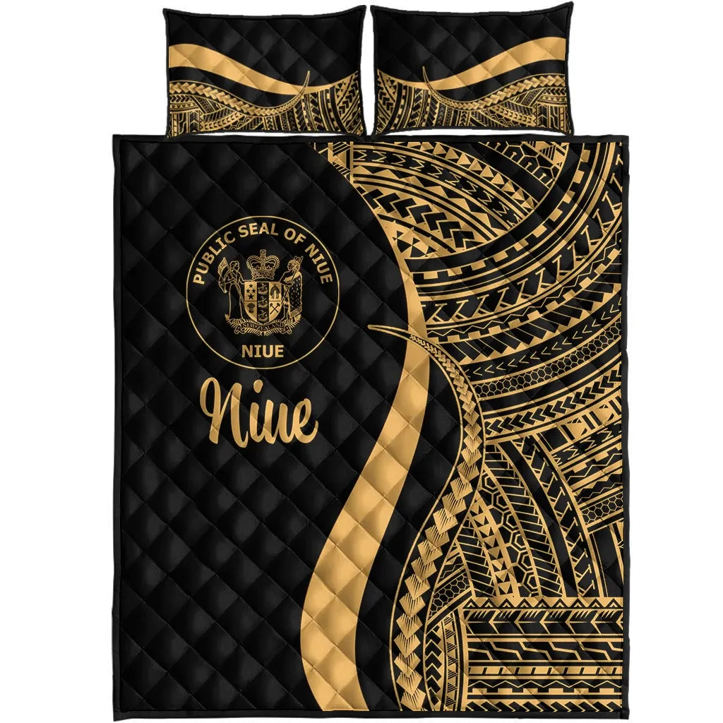 Niue Quilt Bed Set - Gold Polynesian Tentacle Tribal Pattern