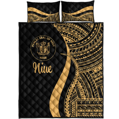 Niue Quilt Bed Set - Gold Polynesian Tentacle Tribal Pattern