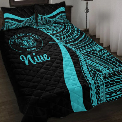 Niue Quilt Bed Set - Turquoise Polynesian Tentacle Tribal Pattern