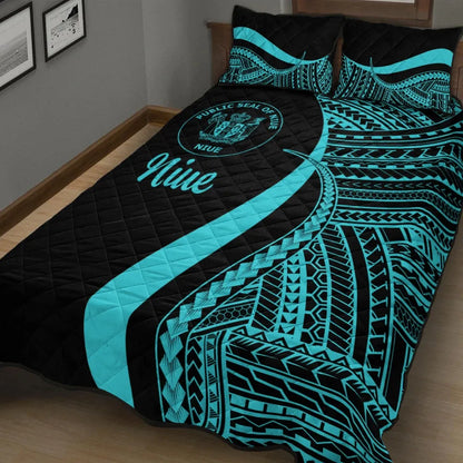Niue Quilt Bed Set - Turquoise Polynesian Tentacle Tribal Pattern