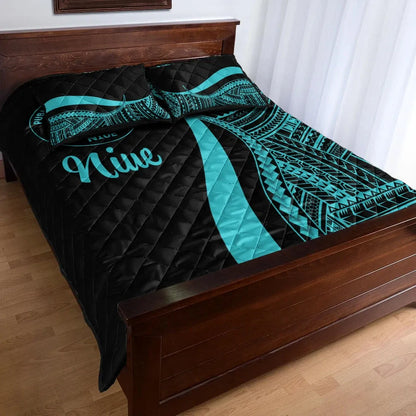 Niue Quilt Bed Set - Turquoise Polynesian Tentacle Tribal Pattern