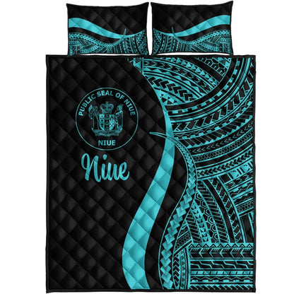 Niue Quilt Bed Set - Turquoise Polynesian Tentacle Tribal Pattern