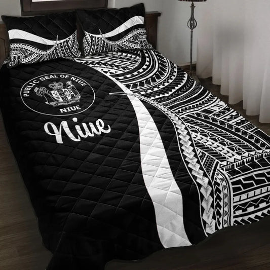 Niue Quilt Bed Set - White Polynesian Tentacle Tribal Pattern