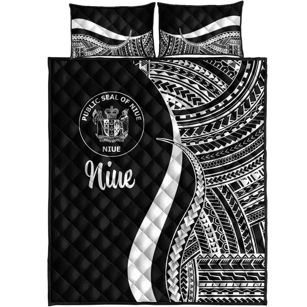 Niue Quilt Bed Set - White Polynesian Tentacle Tribal Pattern