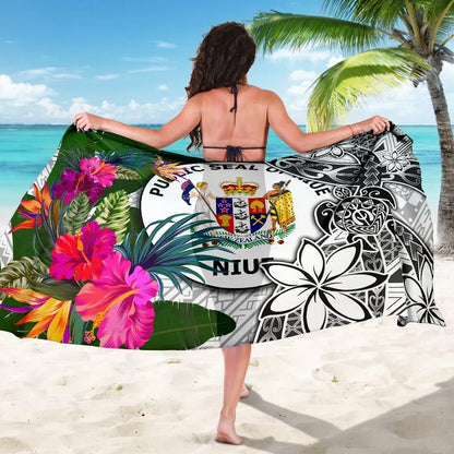 Niue Sarong White - Turtle Plumeria Banana Leaf