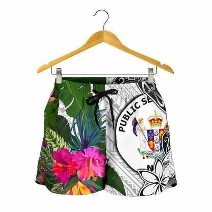 Niue Women Shorts White - Turtle Plumeria Banana Leaf