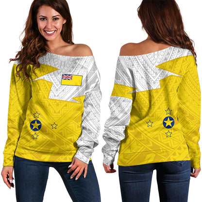 Niue Off Shoulder Sweatshirt Polynesian Tattoo Flag And Coat Of Arms