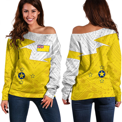 Niue Off Shoulder Sweatshirt Polynesian Tattoo Flag And Coat Of Arms