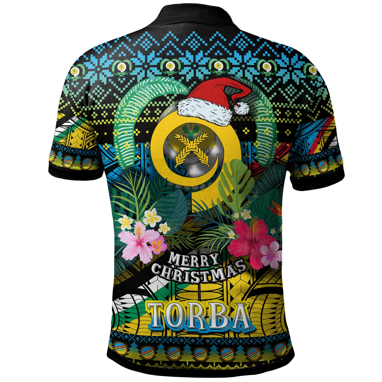 Torba Polynesian Christmas Polo Shirt - Custom Torba Vanuatu Coat of Arms Christmas Hat Polynesian Patterns Polo Shirt
