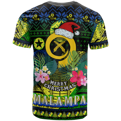 Malampa Polynesian Christmas T-Shirt - Custom Malampa Vanuatu Coat of Arms Christmas Hat Polynesian Patterns T-Shirt