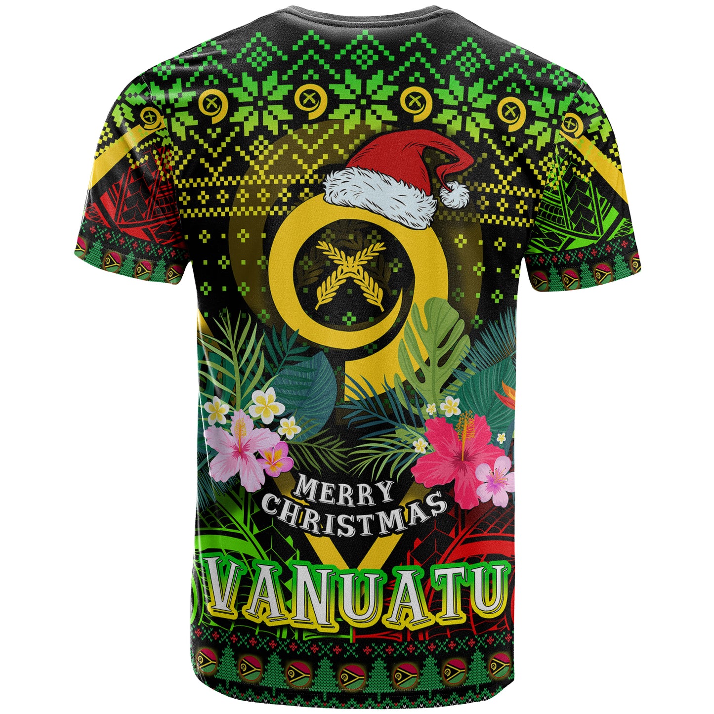 Vanuatu Polynesian Christmas T-Shirt - Custom Vanuatu Coat of Arms Christmas Hat Polynesian Patterns T-Shirt