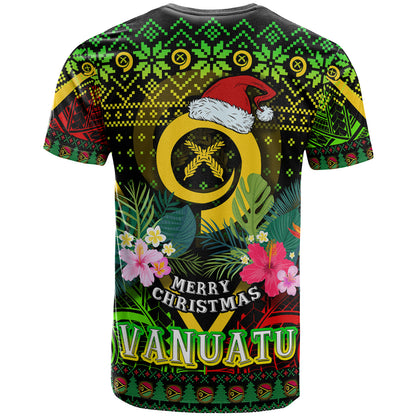 Vanuatu Polynesian Christmas T-Shirt - Custom Vanuatu Coat of Arms Christmas Hat Polynesian Patterns T-Shirt