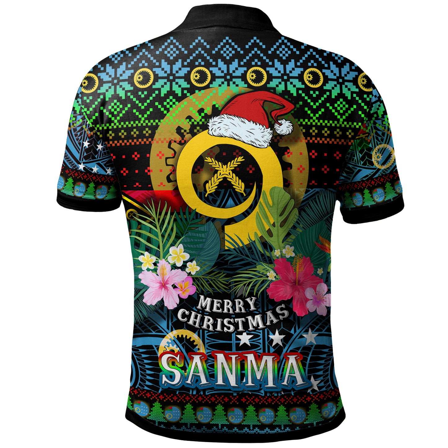 Sanma Polynesian Christmas Polo Shirt - Custom Sanma Vanuatu Coat of Arms Christmas Hat Polynesian Patterns Polo Shirt