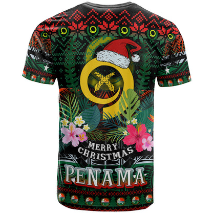 Penama Polynesian Christmas T-Shirt - Custom Penama Vanuatu Coat of Arms Christmas Hat Polynesian Patterns T-Shirt