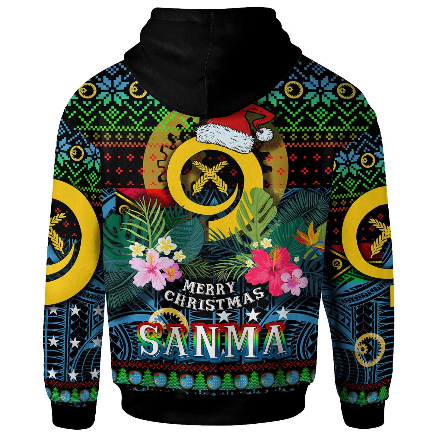 Sanma Polynesian Christmas Hoodie - Custom Sanma Vanuatu Coat of Arms Christmas Hat Polynesian Patterns Hoodie