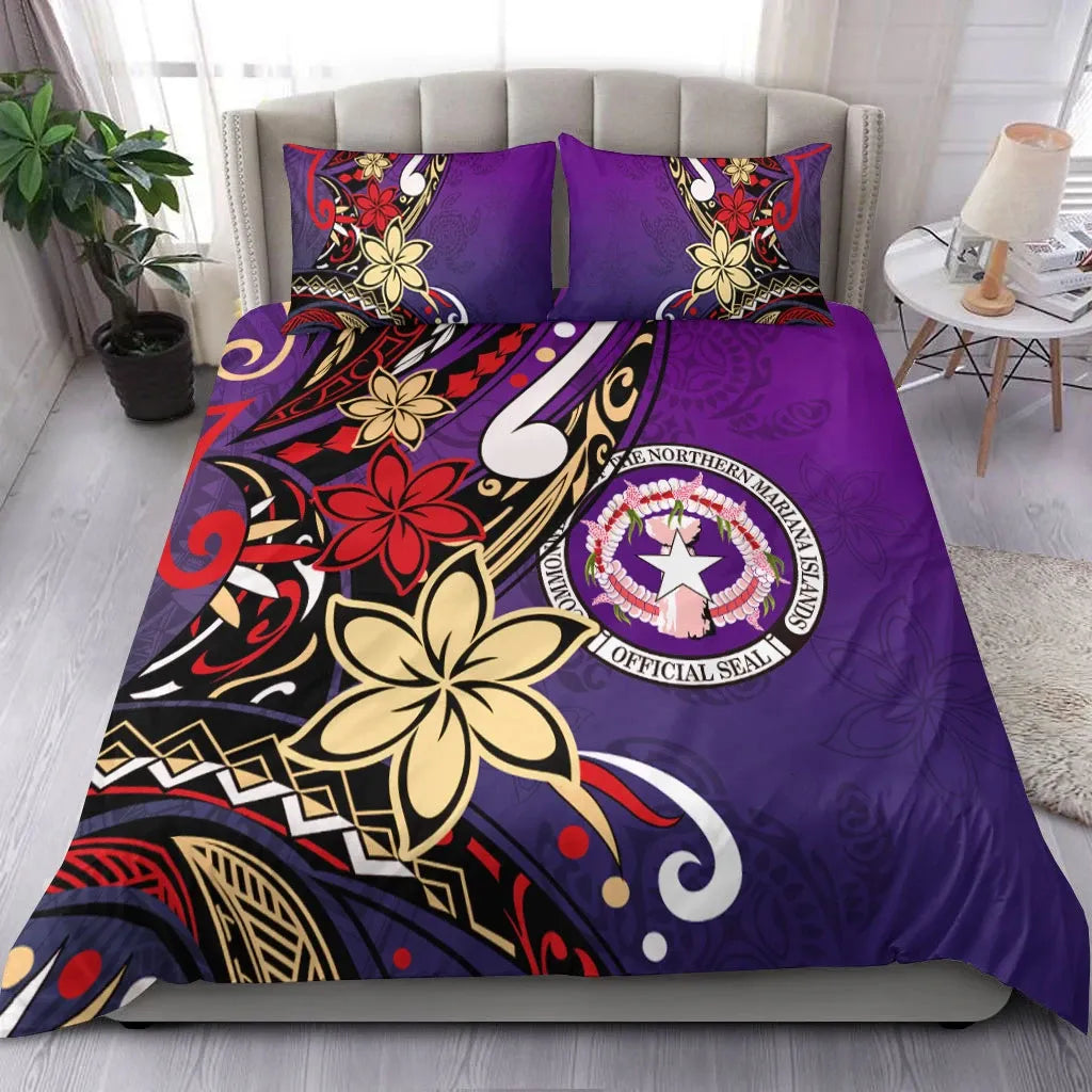 Northern Mariana Bedding Set - Tribal Flower With Special Turtles Purple Color
