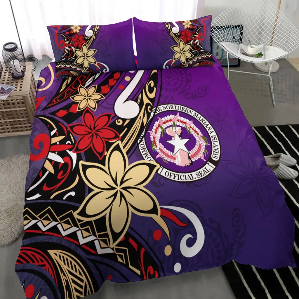 Northern Mariana Bedding Set - Tribal Flower With Special Turtles Purple Color