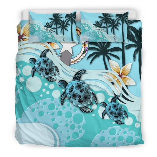 Polynesian Duvet Cover Set - Northern Mariana Islands Bedding Set Blue Turtle Hibiscus